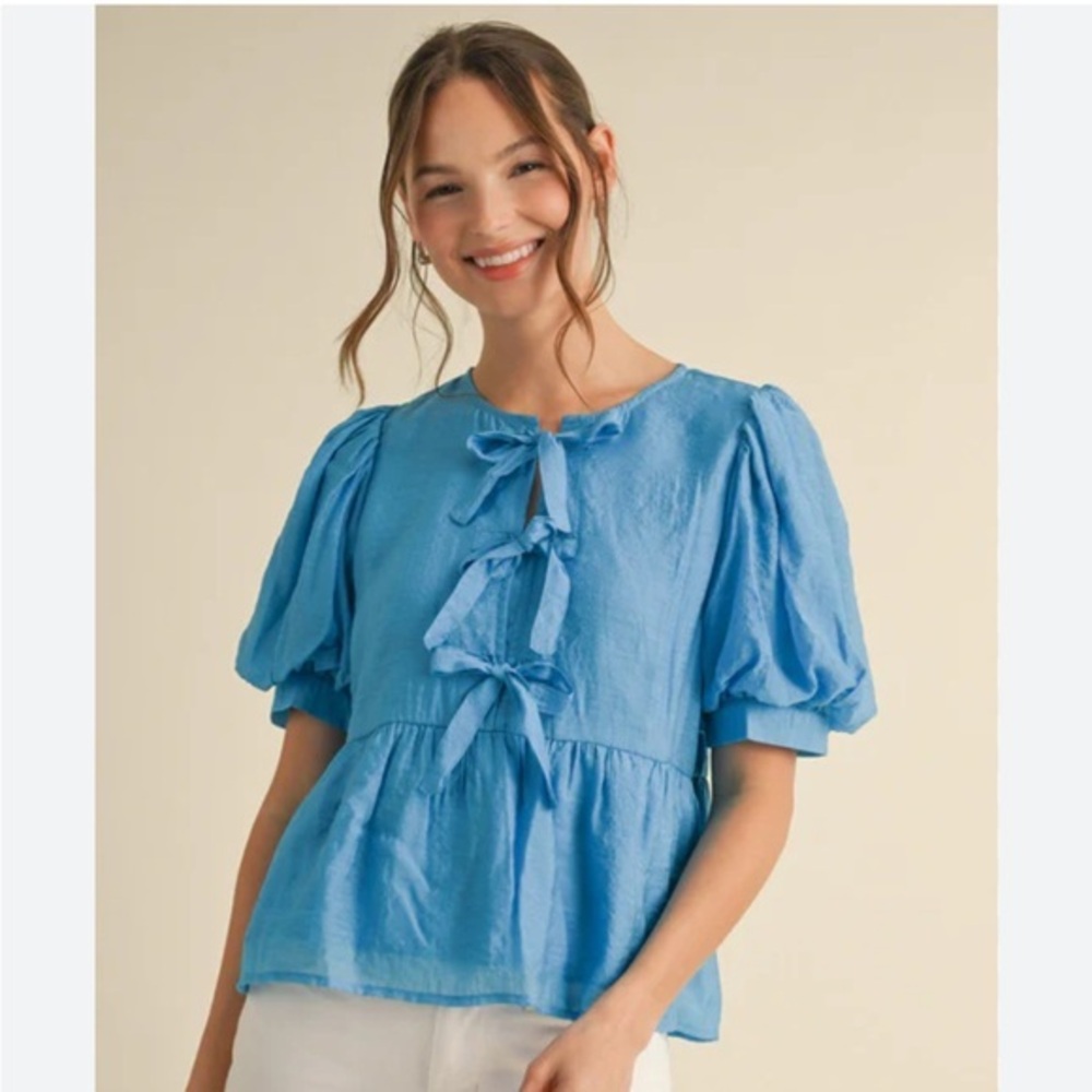 JODIFL Puff Sleeve Bow Front Top – Turquoise Blue – Size S
